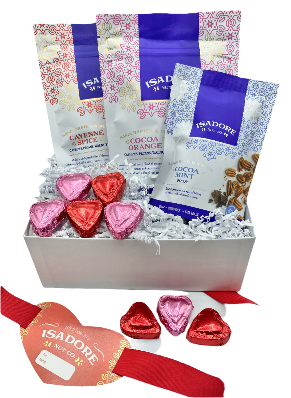 Valentine/Galentine, Day of Love Gift Box - Cocoa Orange, Cayenne Spice, Cocoa Mint & Dark Chocolate Hearts