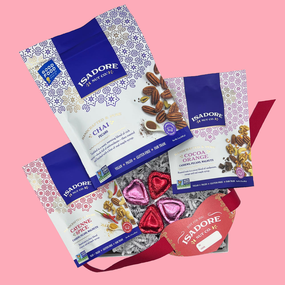 Valentine/Galentine, Day of Love Spiced Up Gift Box - Chai Pecans, Cayenne Spice, Cocoa Orange, Milk & Dark Chocolate Hearts